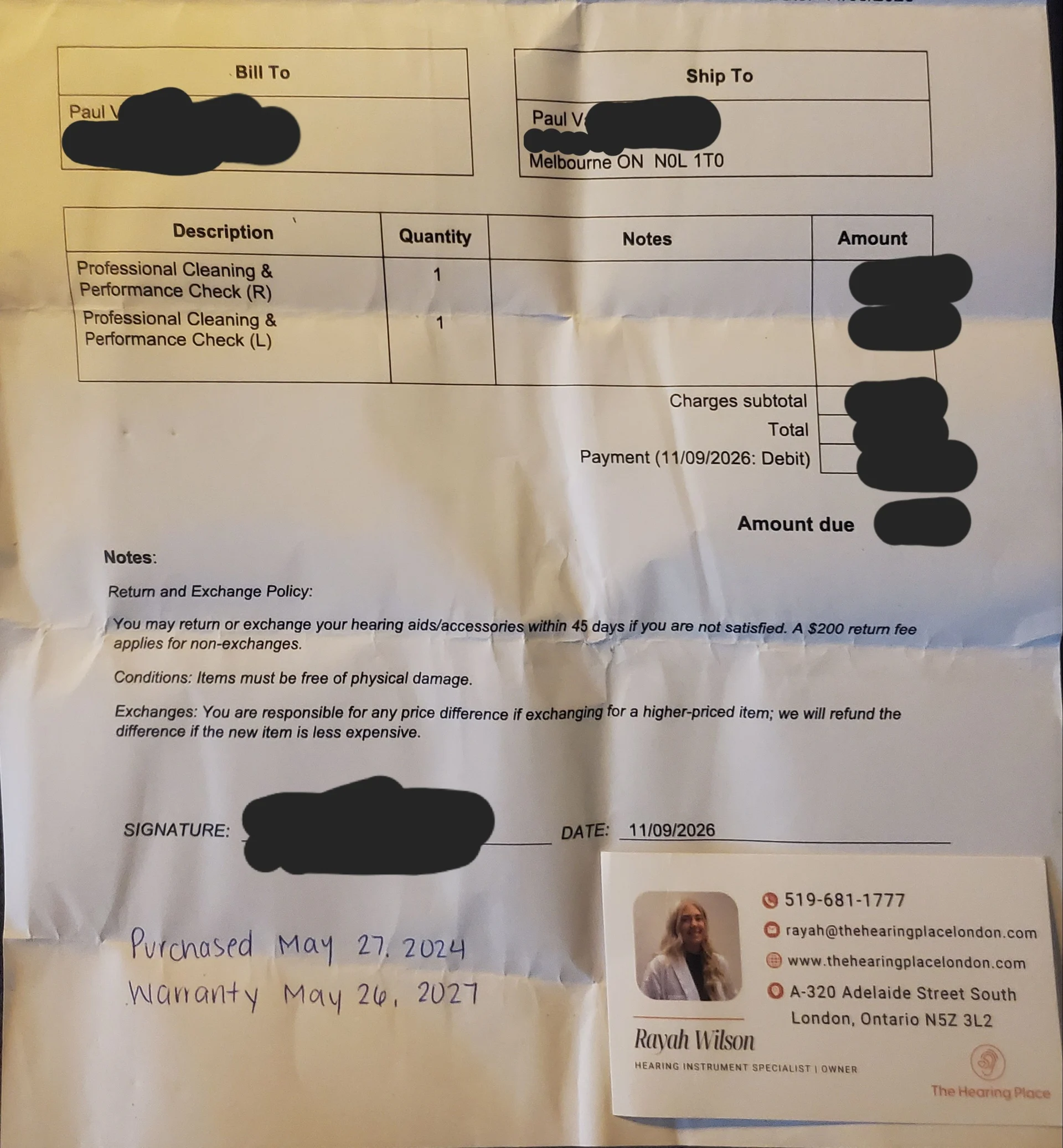 Service invoice and professional verification.